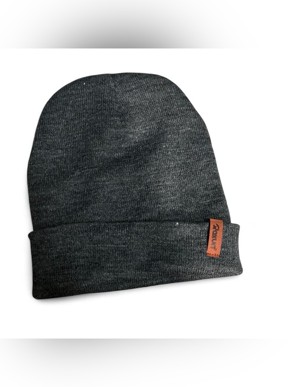 Roxy Charcoal Gray Knit Beanie with Brown Logo Patch